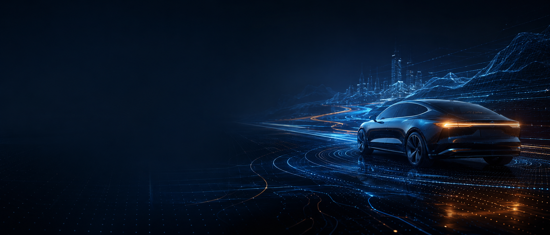 Autonomous research vehicle in motion against a digital cityscape